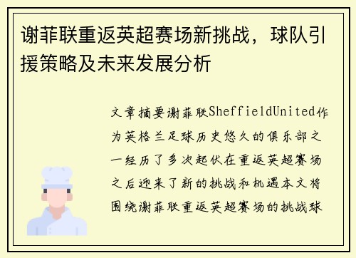 谢菲联重返英超赛场新挑战,球队引援策略及未来发展分析 谢菲联重返英超赛场新挑战,球队引援策略及未来发展分析