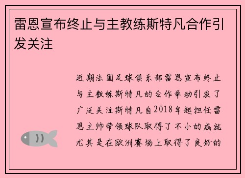 雷恩宣布终止与主教练斯特凡合作引发关注 雷恩宣布终止与主教练斯特凡合作引发关注